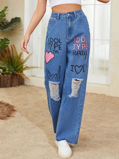 Pink love letter graffiti print street retro loose ripped raw edge denim trousers-chiquechics