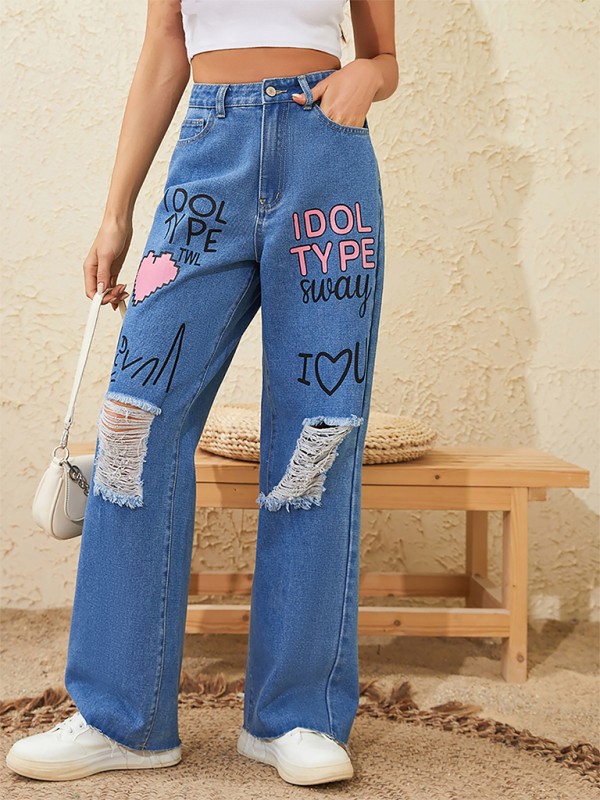 Pink love letter graffiti print street retro loose ripped raw edge denim trousers-chiquechics