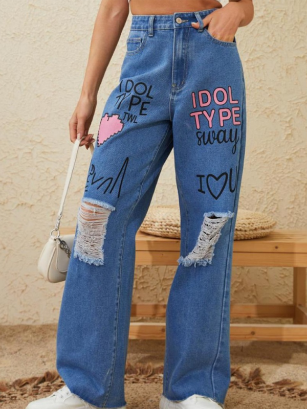 Pink love letter graffiti print street retro loose ripped raw edge denim trousers-chiquechics