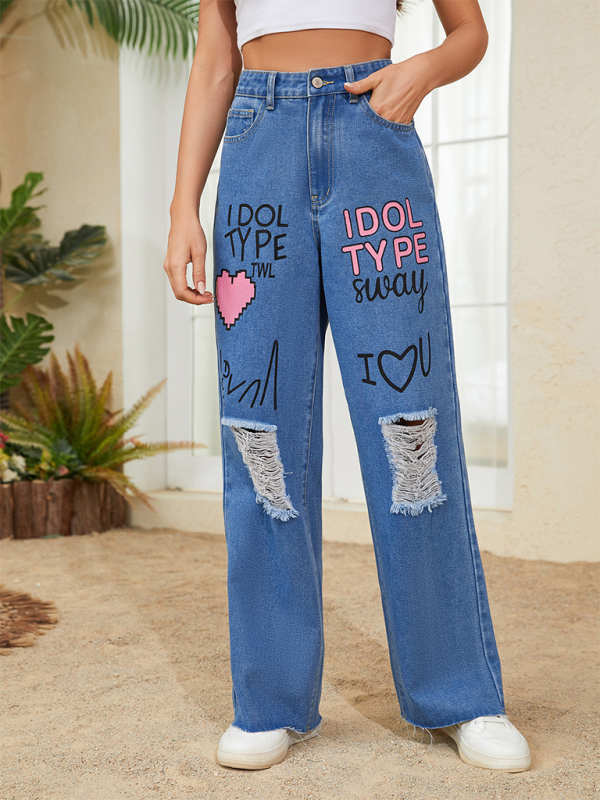 Pink love letter graffiti print street retro loose ripped raw edge denim trousers-chiquechics
