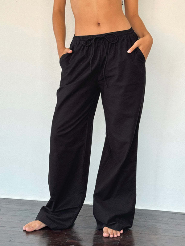 Striped drawstring casual loose straight-leg home trousers-chiquechics