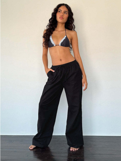 Striped drawstring casual loose straight-leg home trousers-chiquechics