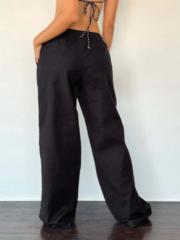 Striped drawstring casual loose straight-leg home trousers-chiquechics