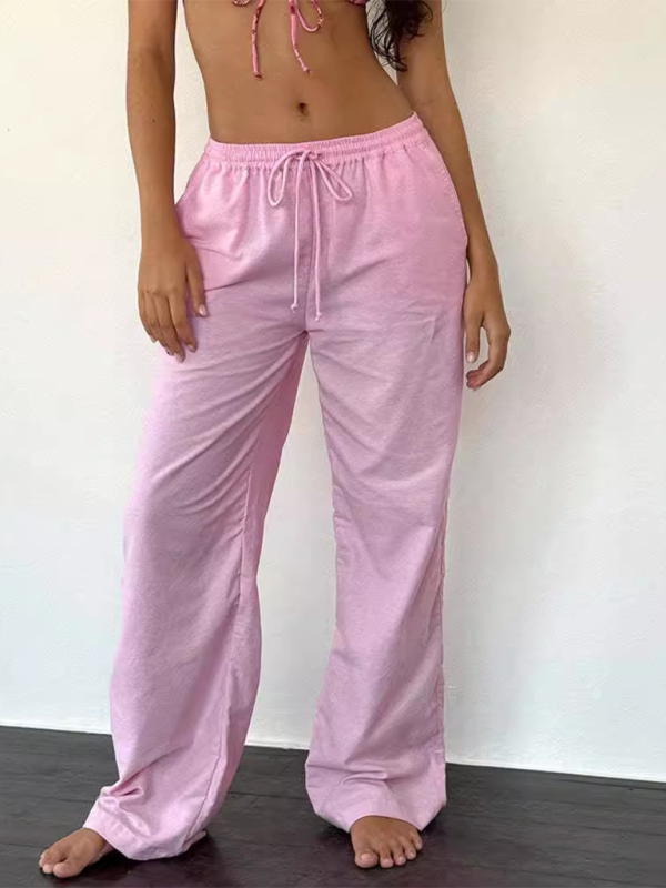 Striped drawstring casual loose straight-leg home trousers-chiquechics