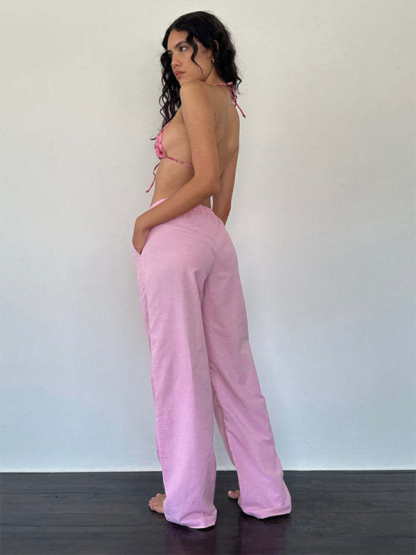 Striped drawstring casual loose straight-leg home trousers-chiquechics