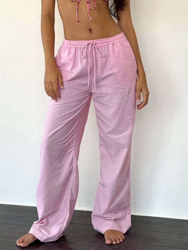 Striped drawstring casual loose straight-leg home trousers-chiquechics