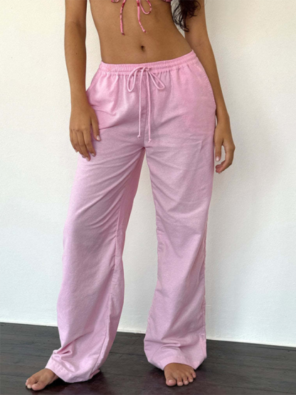 Striped drawstring casual loose straight-leg home trousers-chiquechics