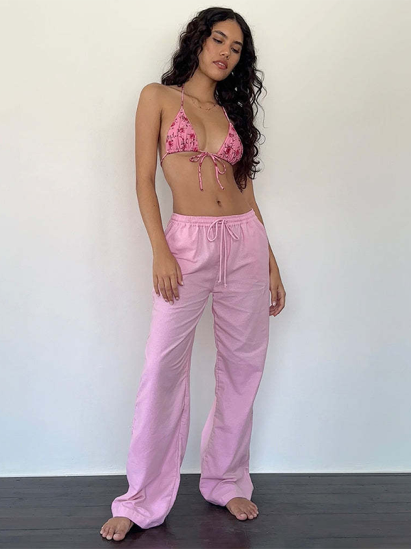 Striped drawstring casual loose straight-leg home trousers-chiquechics