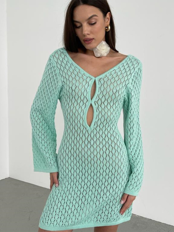 SwimwearNew beach dress solid color sexy knitted hollow bikini swimsuit cover up sun protection clothing-chiquechics