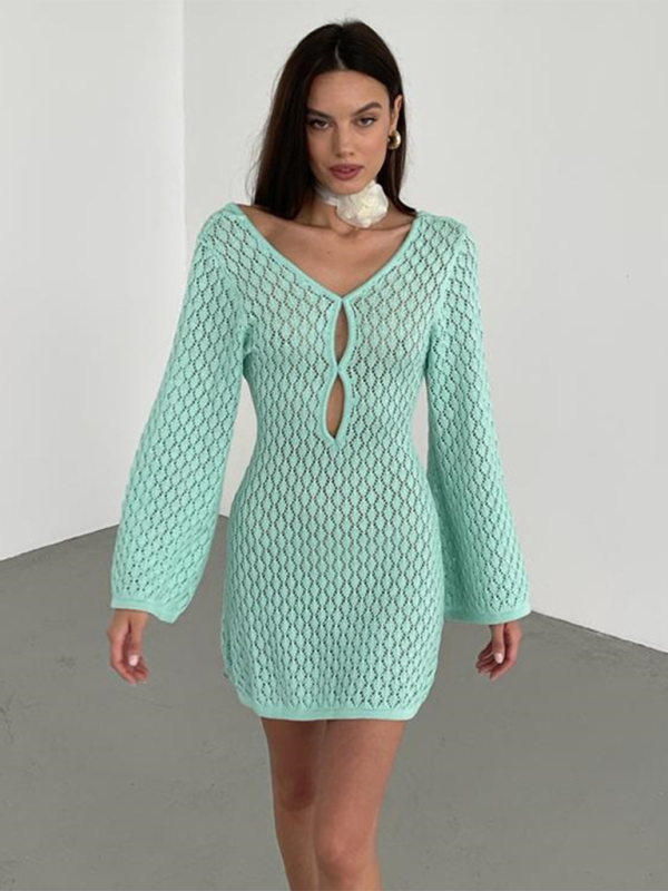 SwimwearNew beach dress solid color sexy knitted hollow bikini swimsuit cover up sun protection clothing-chiquechics