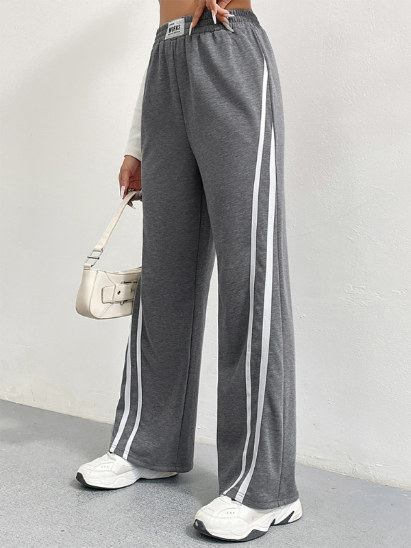 Sports pants high waist loose straight casual sweatpants striped stitching wide leg pants-chiquechics