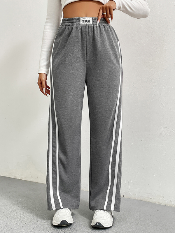 Sports pants high waist loose straight casual sweatpants striped stitching wide leg pants-chiquechics