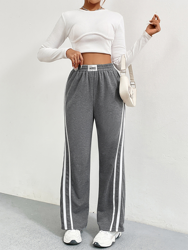 Sports pants high waist loose straight casual sweatpants striped stitching wide leg pants-chiquechics