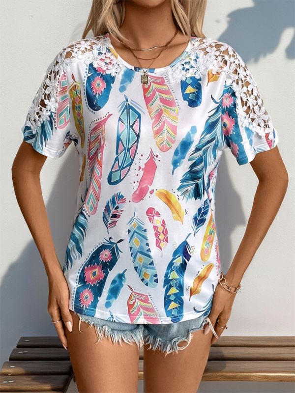 New style splicing lace short-sleeved T-shirt simple temperament basic T-shirt-chiquechics