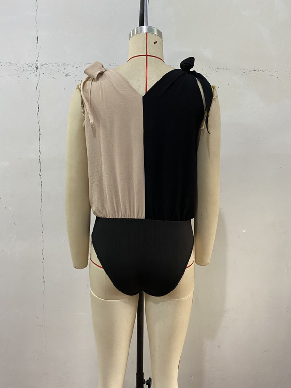 New Contrast Color Stitching Lace-up Suspender Sleeveless V-neck Shirt Bodysuit-chiquechics