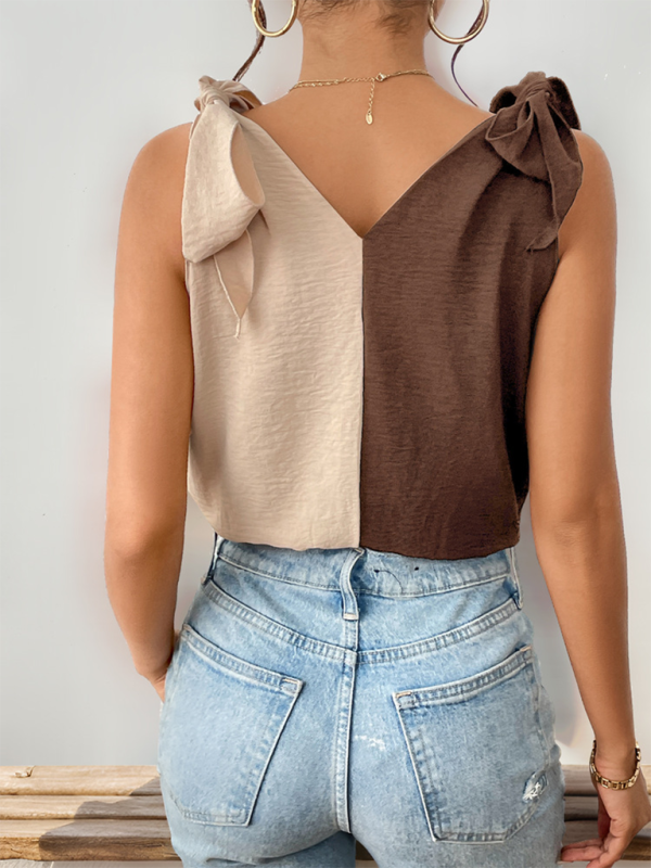 New Contrast Color Stitching Lace-up Suspender Sleeveless V-neck Shirt Bodysuit-chiquechics