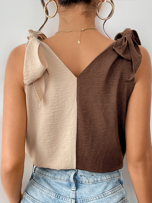 New Contrast Color Stitching Lace-up Suspender Sleeveless V-neck Shirt Bodysuit-chiquechics