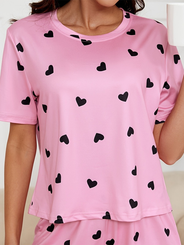 New style heart print knitted fashionable soft short sleeve shorts pajamas set-chiquechics