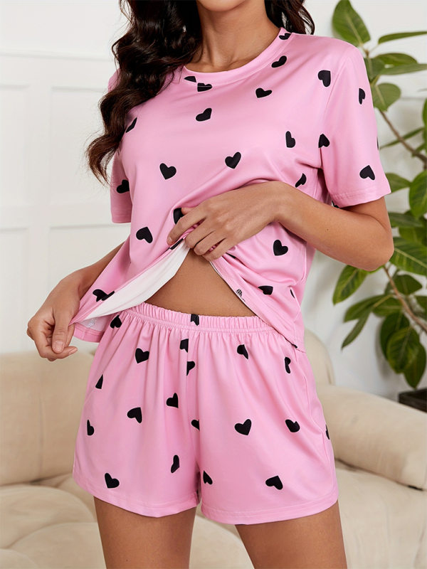 New style heart print knitted fashionable soft short sleeve shorts pajamas set-chiquechics