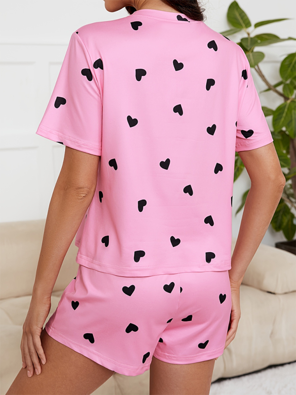 New style heart print knitted fashionable soft short sleeve shorts pajamas set-chiquechics