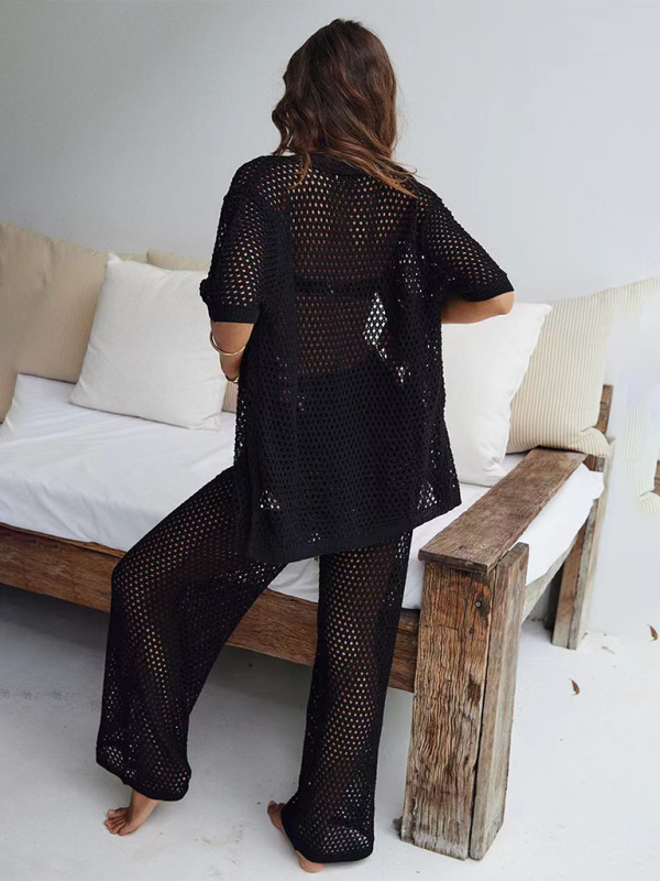 Fashionable sexy comfortable mesh buttoned woolen trousers and short-sleeved shirt suit-chiquechics