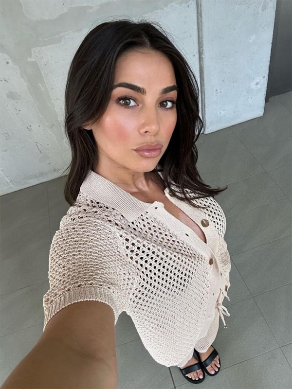 Fashionable sexy comfortable mesh buttoned woolen trousers and short-sleeved shirt suit-chiquechics