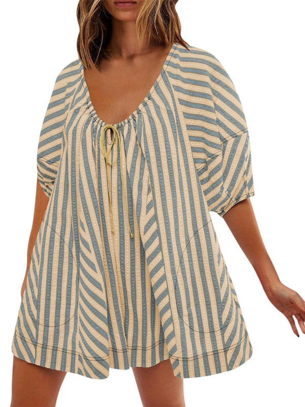 Short-sleeved striped jumpsuit, slim and casual, loose deep V wide-leg short jumpsuit-chiquechics