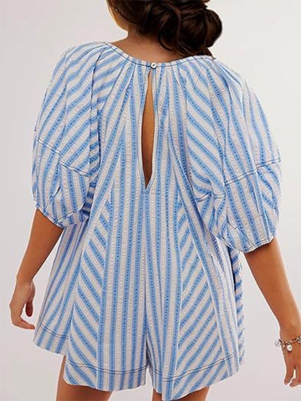 Short-sleeved striped jumpsuit, slim and casual, loose deep V wide-leg short jumpsuit-chiquechics