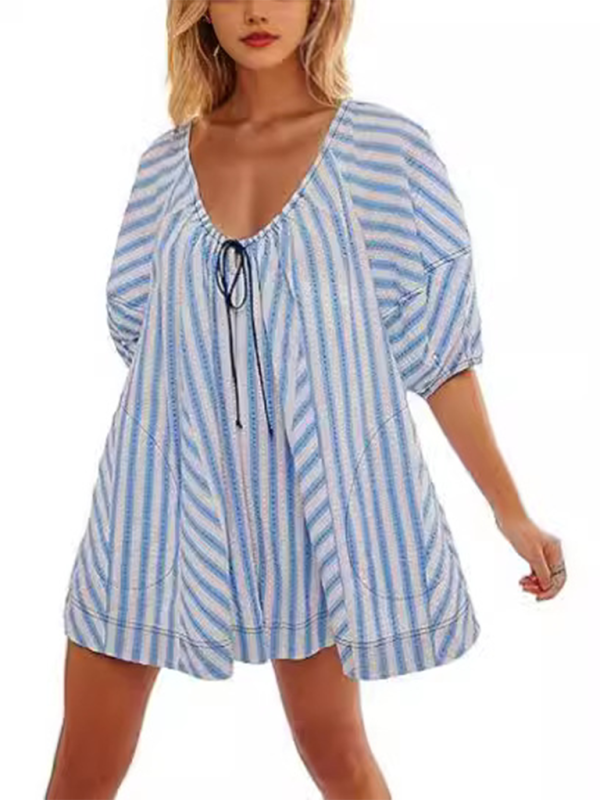 Short-sleeved striped jumpsuit, slim and casual, loose deep V wide-leg short jumpsuit-chiquechics