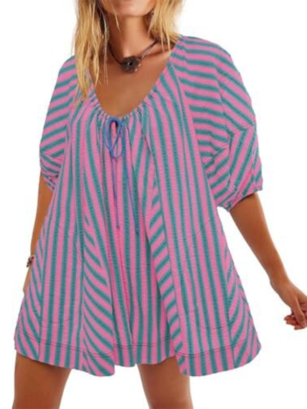Short-sleeved striped jumpsuit, slim and casual, loose deep V wide-leg short jumpsuit-chiquechics