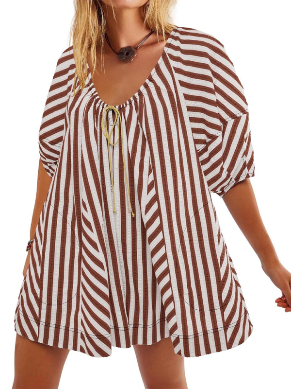 Short-sleeved striped jumpsuit, slim and casual, loose deep V wide-leg short jumpsuit-chiquechics