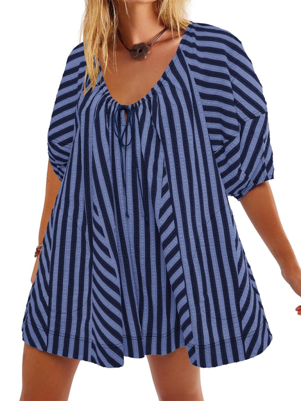 Short-sleeved striped jumpsuit, slim and casual, loose deep V wide-leg short jumpsuit-chiquechics