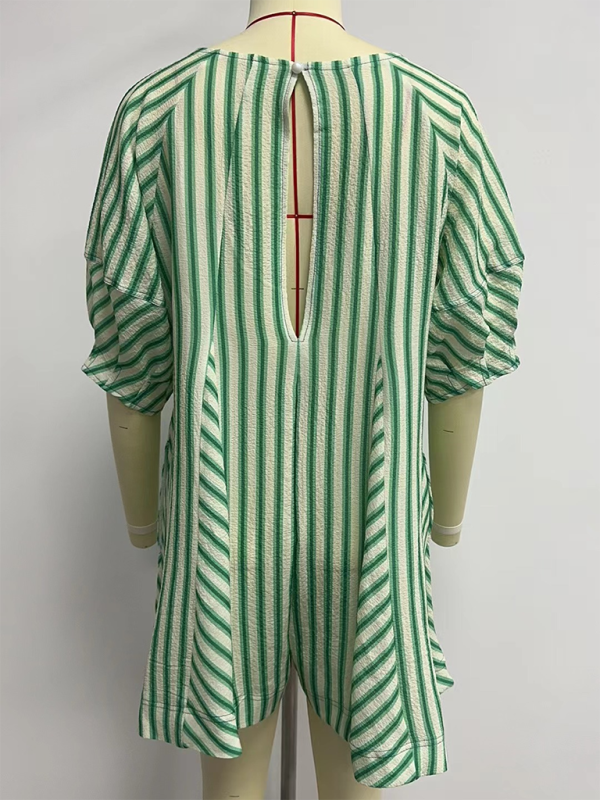 Short-sleeved striped jumpsuit, slim and casual, loose deep V wide-leg short jumpsuit-chiquechics