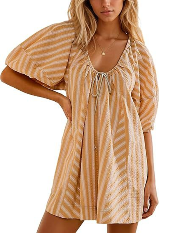 Short-sleeved striped jumpsuit, slim and casual, loose deep V wide-leg short jumpsuit-chiquechics