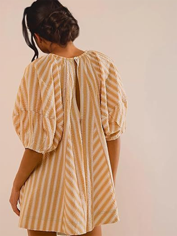 Short-sleeved striped jumpsuit, slim and casual, loose deep V wide-leg short jumpsuit-chiquechics