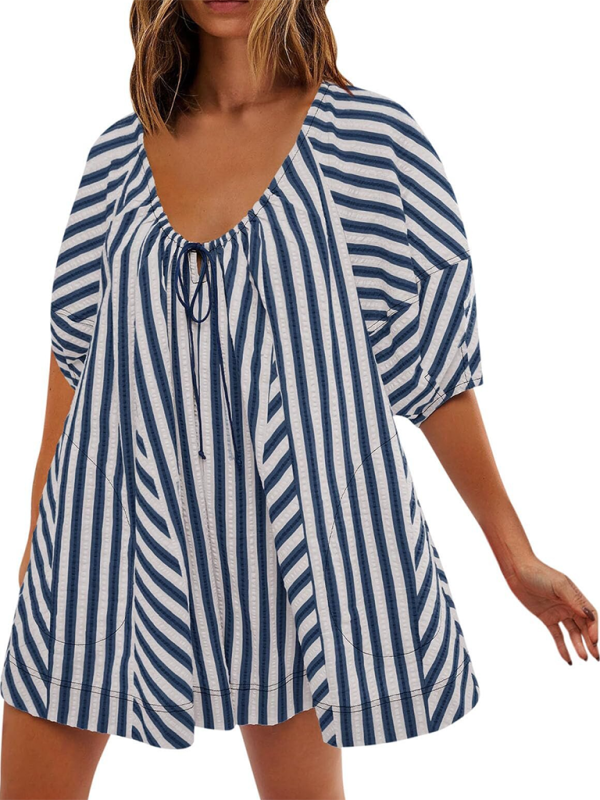 Short-sleeved striped jumpsuit, slim and casual, loose deep V wide-leg short jumpsuit-chiquechics