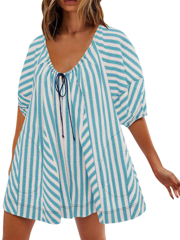 Short-sleeved striped jumpsuit, slim and casual, loose deep V wide-leg short jumpsuit-chiquechics