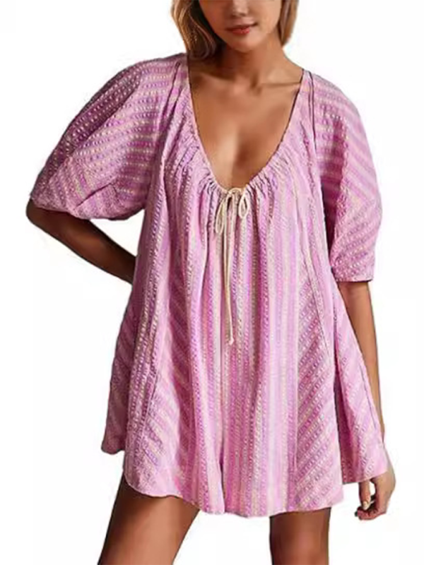 Short-sleeved striped jumpsuit, slim and casual, loose deep V wide-leg short jumpsuit-chiquechics