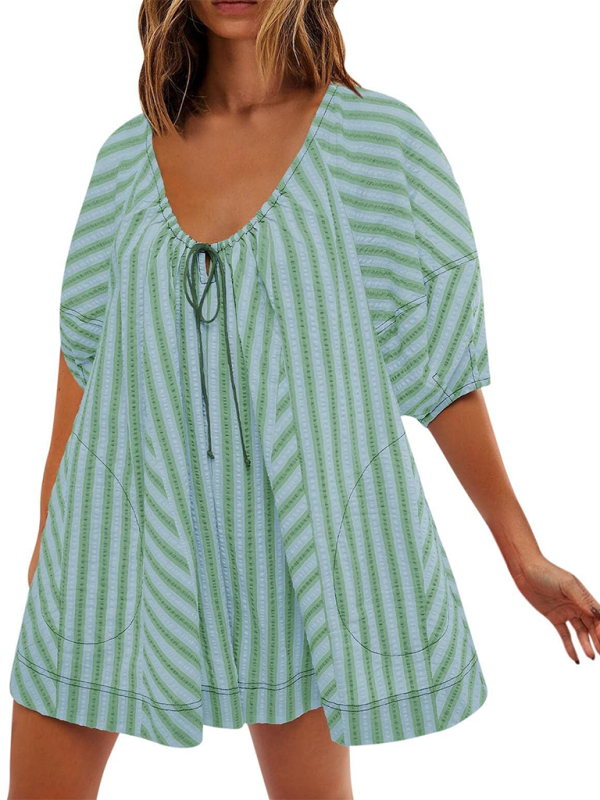 Short-sleeved striped jumpsuit, slim and casual, loose deep V wide-leg short jumpsuit-chiquechics