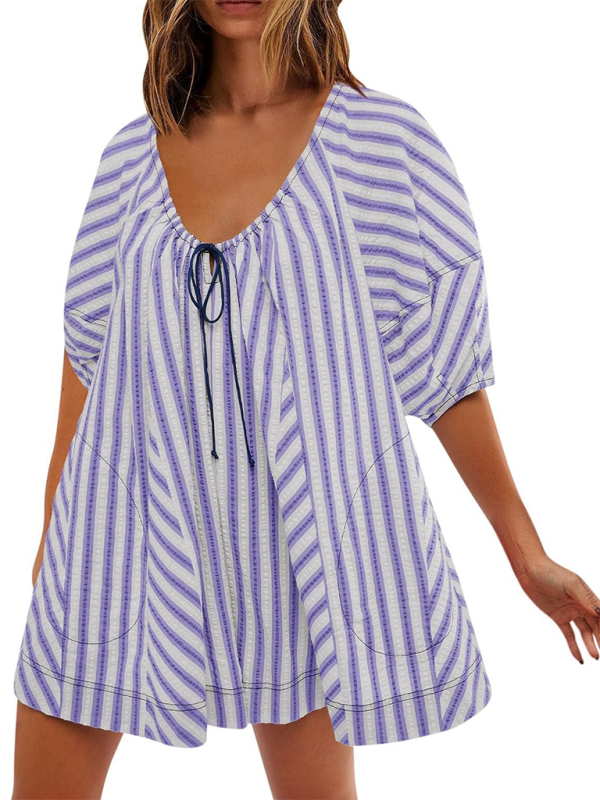 Short-sleeved striped jumpsuit, slim and casual, loose deep V wide-leg short jumpsuit-chiquechics