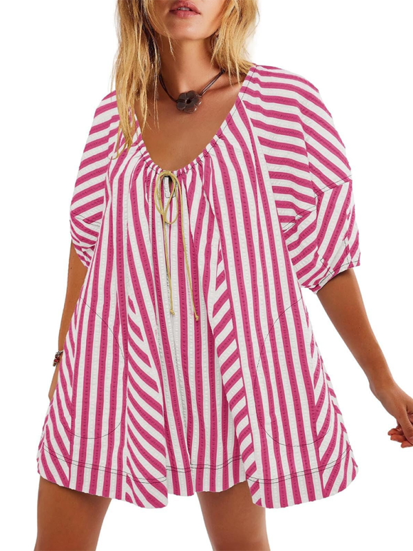 Short-sleeved striped jumpsuit, slim and casual, loose deep V wide-leg short jumpsuit-chiquechics