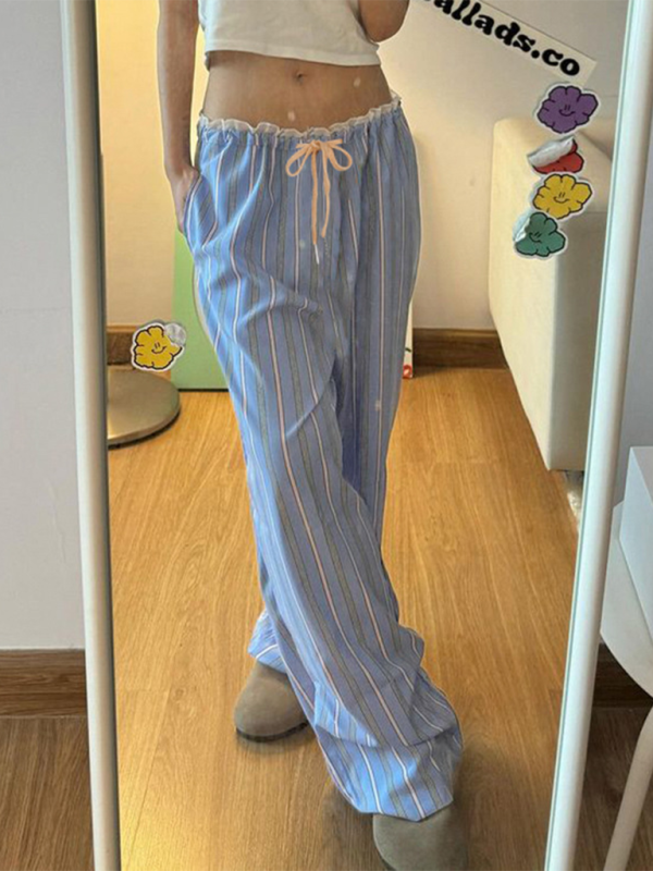 New holiday style striped lace stitching casual pants hot girl elastic waist straight loose trousers-chiquechics