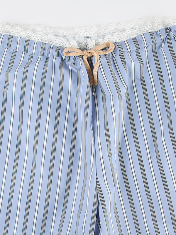 New holiday style striped lace stitching casual pants hot girl elastic waist straight loose trousers-chiquechics