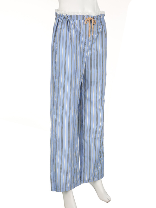 New holiday style striped lace stitching casual pants hot girl elastic waist straight loose trousers-chiquechics