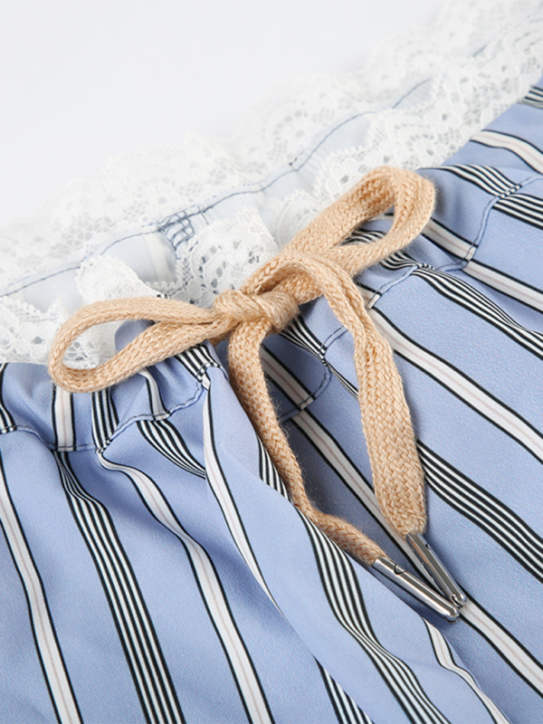 New holiday style striped lace stitching casual pants hot girl elastic waist straight loose trousers-chiquechics
