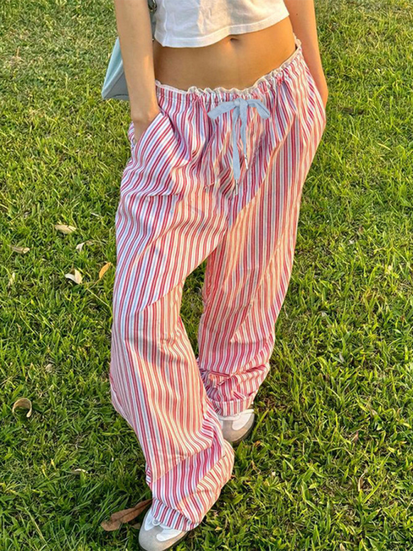 New holiday style striped lace stitching casual pants hot girl elastic waist straight loose trousers-chiquechics