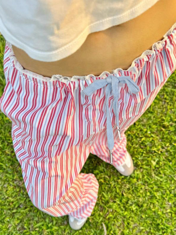 New holiday style striped lace stitching casual pants hot girl elastic waist straight loose trousers-chiquechics