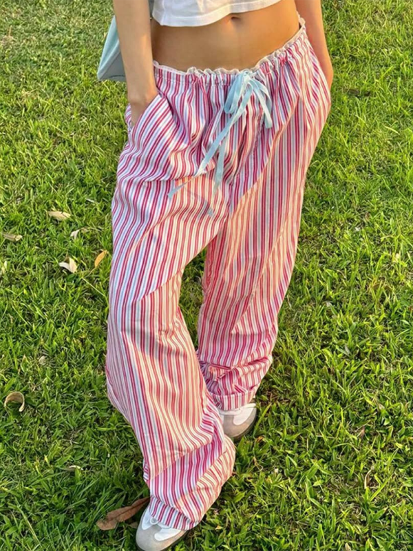New holiday style striped lace stitching casual pants hot girl elastic waist straight loose trousers-chiquechics