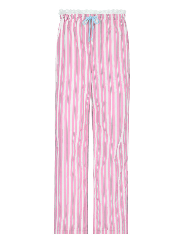 New holiday style striped lace stitching casual pants hot girl elastic waist straight loose trousers-chiquechics