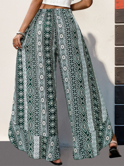 New arrival printed ruffled wide-leg trousers with slits-chiquechics